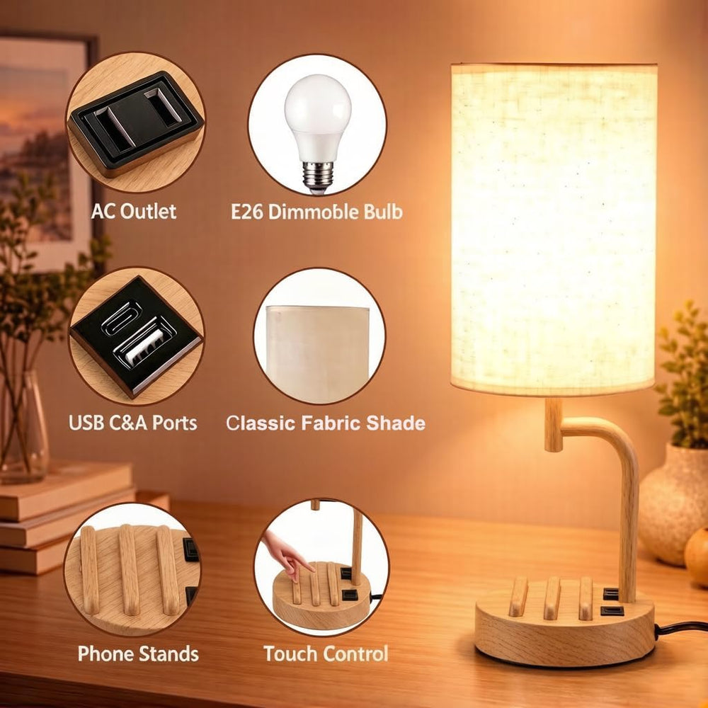 Dreamholder Touch Control USB Table Lamp with USB C/A & AC Outlet, 3-Way ...