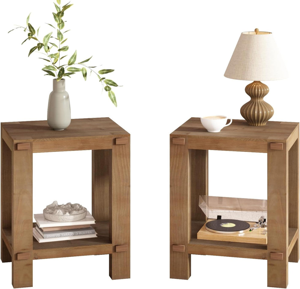 Set of 2 Wood End Tables with 2-Tier Storage Shelf