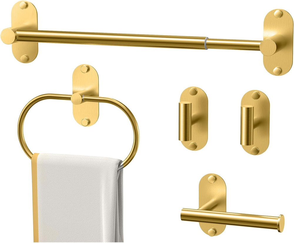 5-Piece Bathroom Hardware Set, Adhesive or Drill Wall Mount, Gold