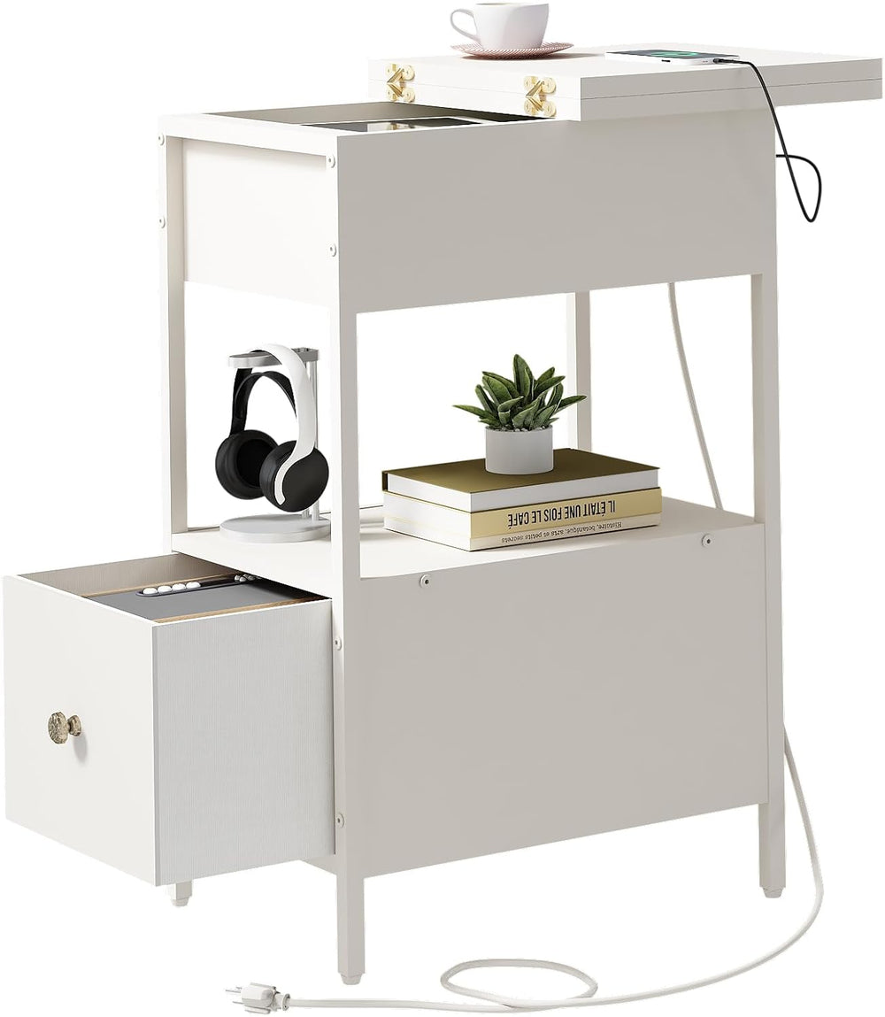 SOOWERY End Table with Charging Station, Narrow Side Table for Living Room