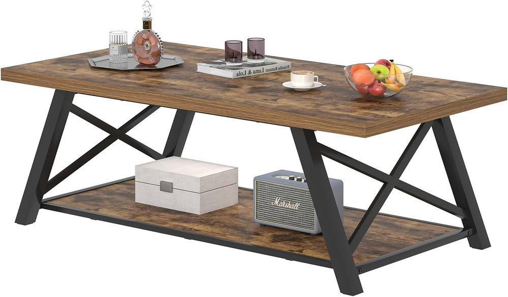 EXCEFUR Modern Coffee Table, Wood and Metal Living Room Center Table with Sto...