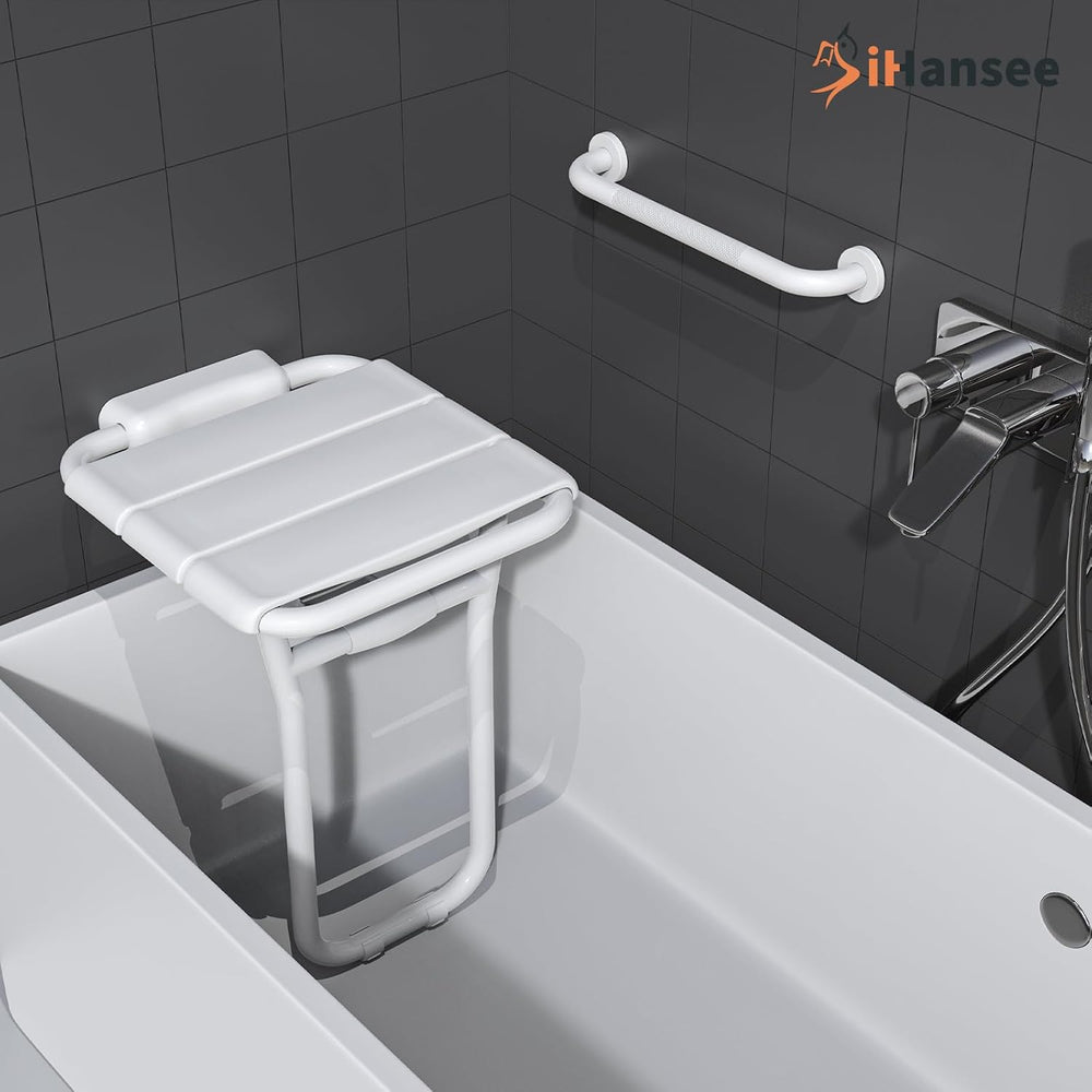 14x16 Folding Shower Seat w/ 16" Grab Bar for Inside Shower Bathtub, White