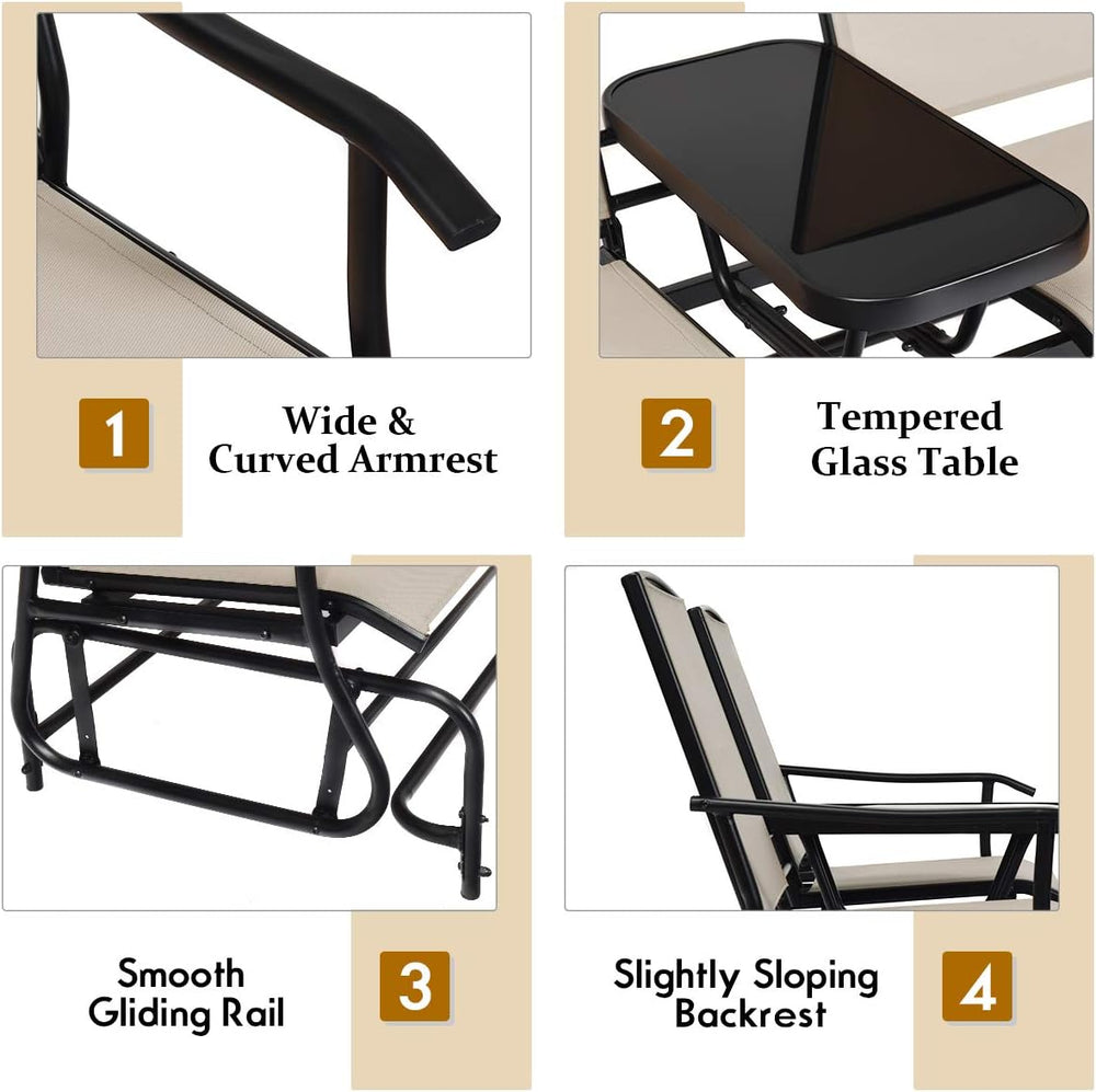 GIANTEX Patio Bench Glider Chair with Metal Frame, Center Tempered Glass Tabl...