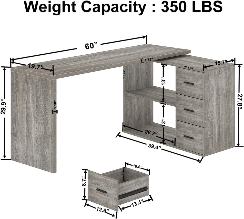 HSH Grey L Shaped Computer Corner Desk with 3 Storage Drawers 60 inch
