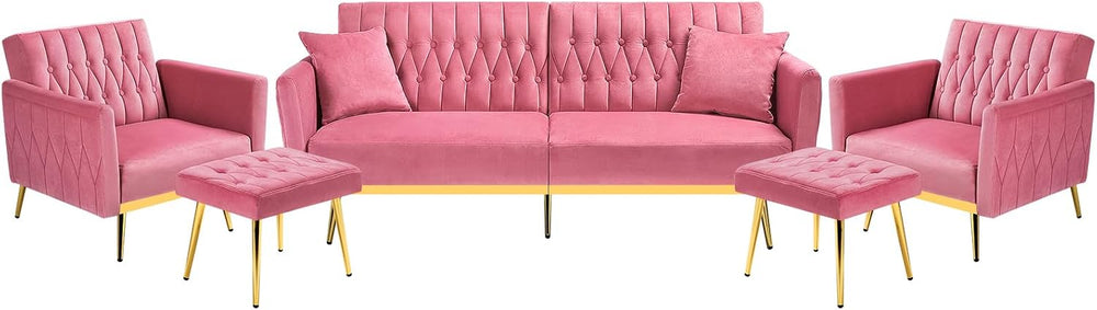 3 Pieces Velvet Sofa Set w/Adjustable Armrest &Backrest,Pink