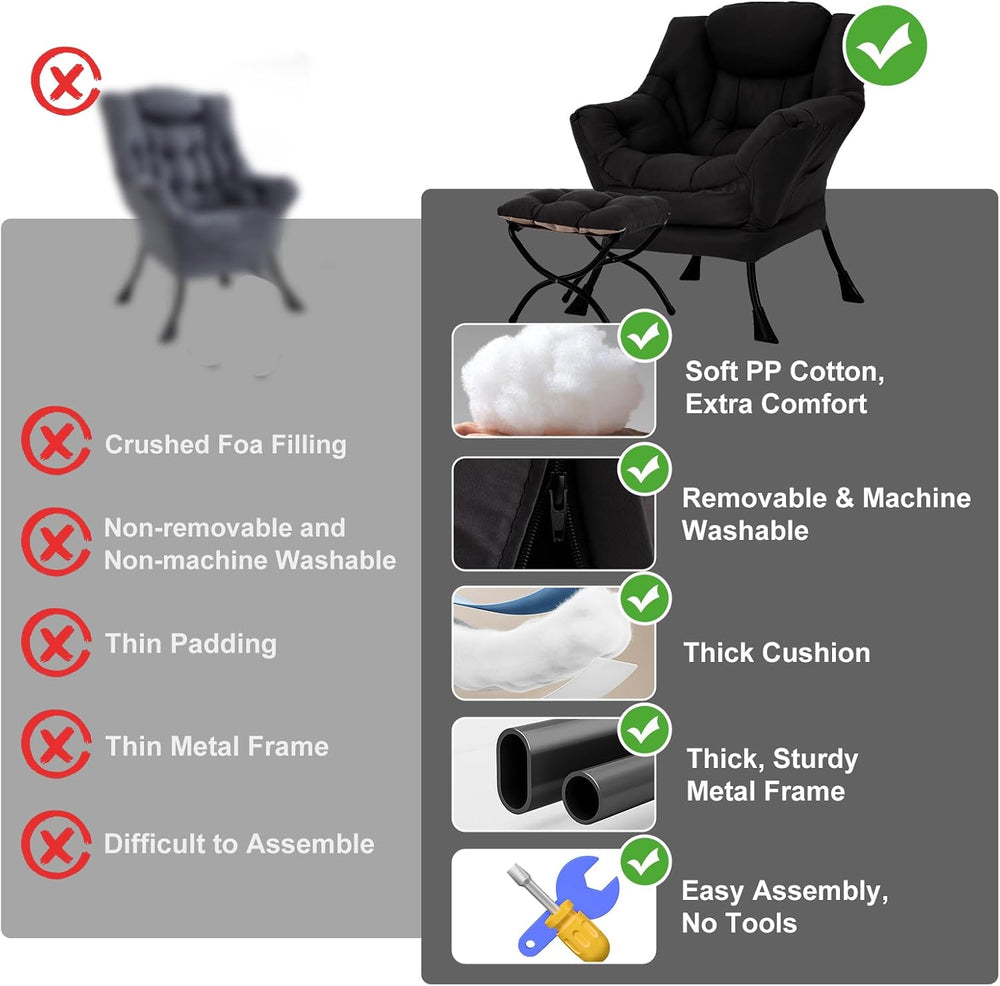 Furlide Lazy Chair with Ottoman, Soft Comfy Chair for Bedroom, Black