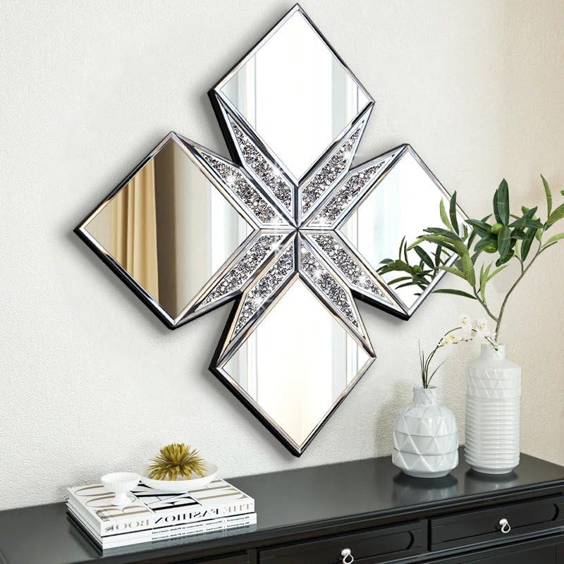 Crushed Diamond Decorative Mirror 22.25x22.25” Diamond Shape Glass Wall Mirro...