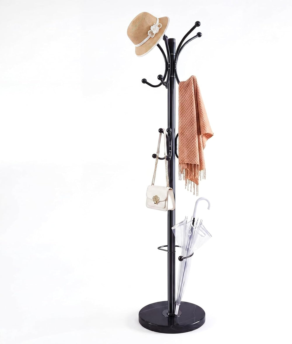 Marble Base Coat Rack Freestanding, 360° Rotary 16 Hooks Black