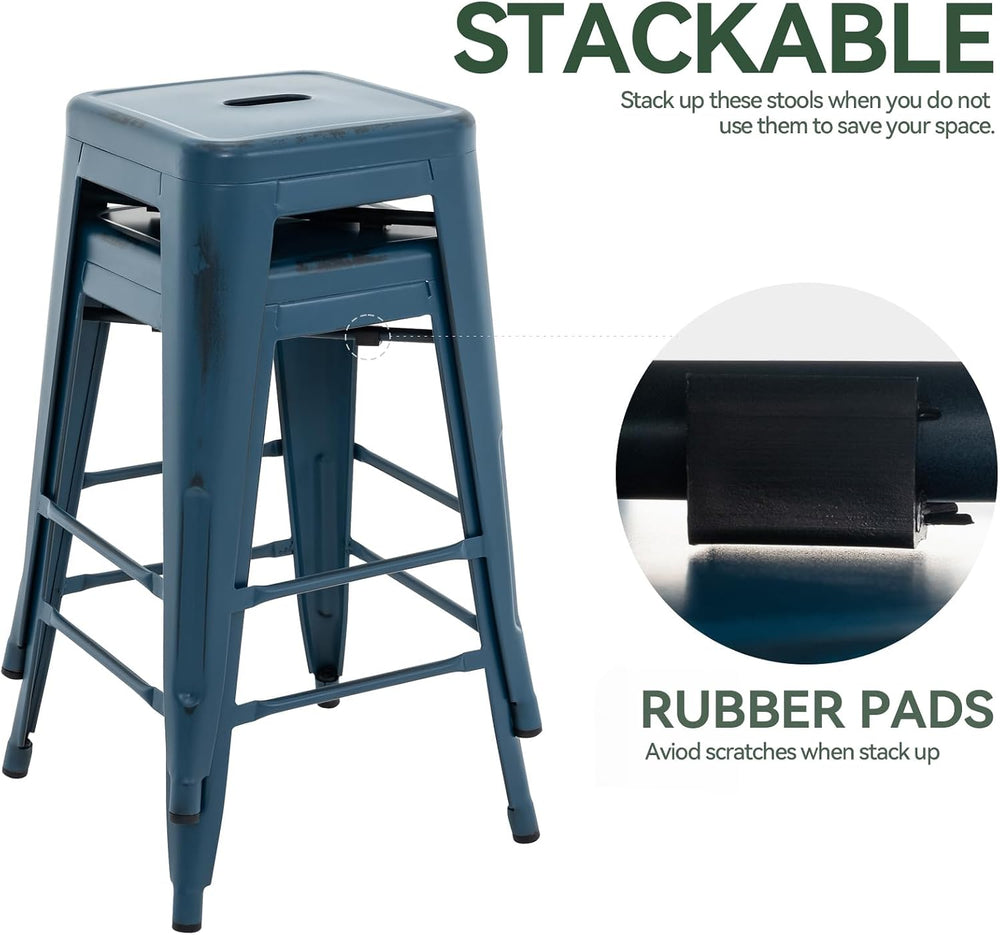 24 Inch Metal Bar Stools Set of 2, Stackable Indoor Outdoor Distressed Blue