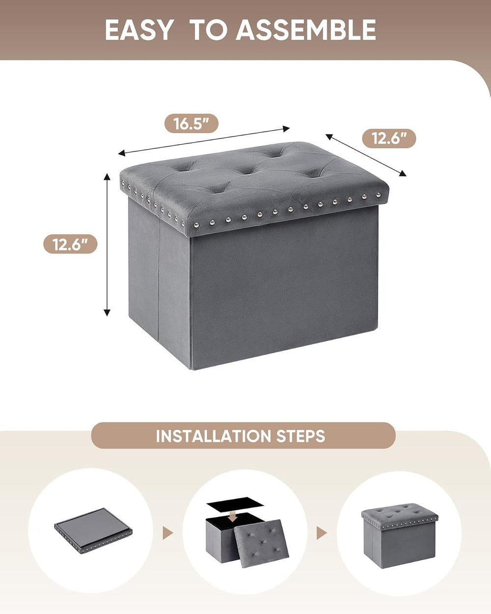 B FSOBEIIALEO Storage Ottoman Cube, 16.5" Velvet Folding Ottoman, Grey