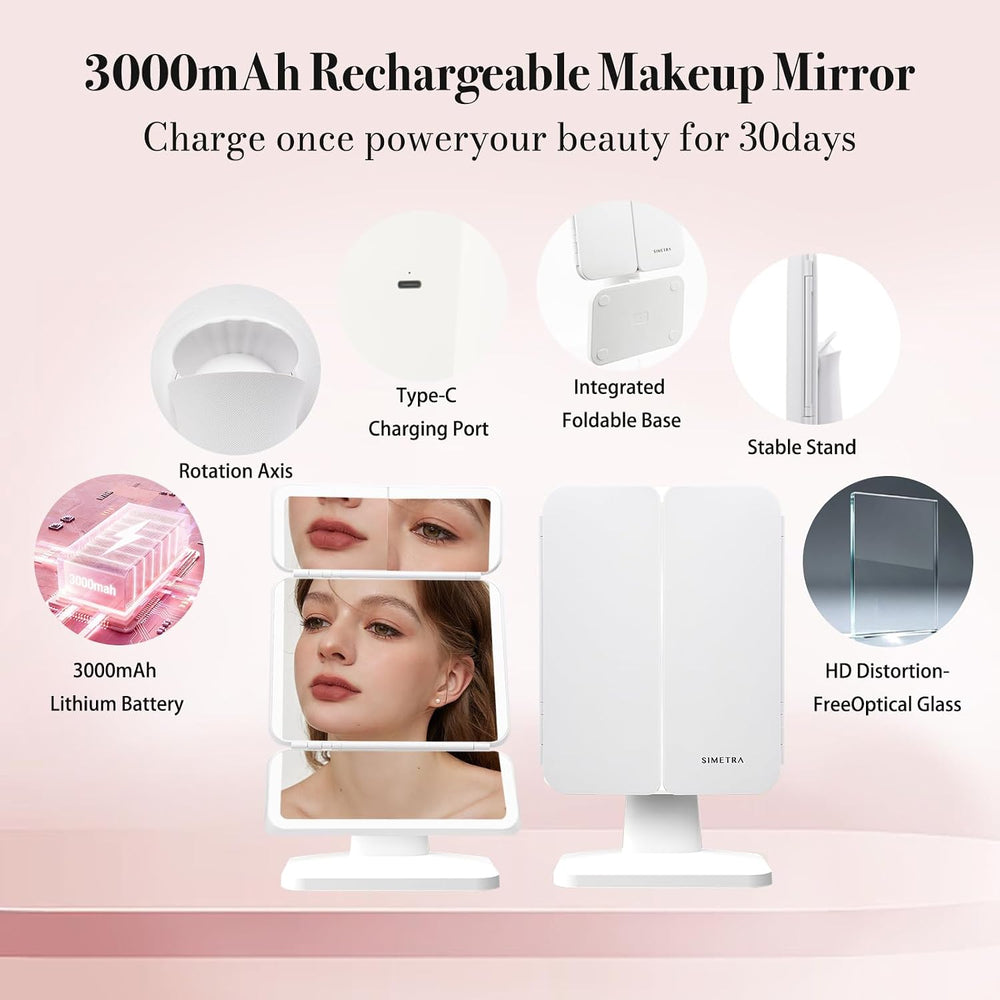 SIMETRA 15.6'' Rechargeable Makeup Mirror with Lights Trifold Vanity ...