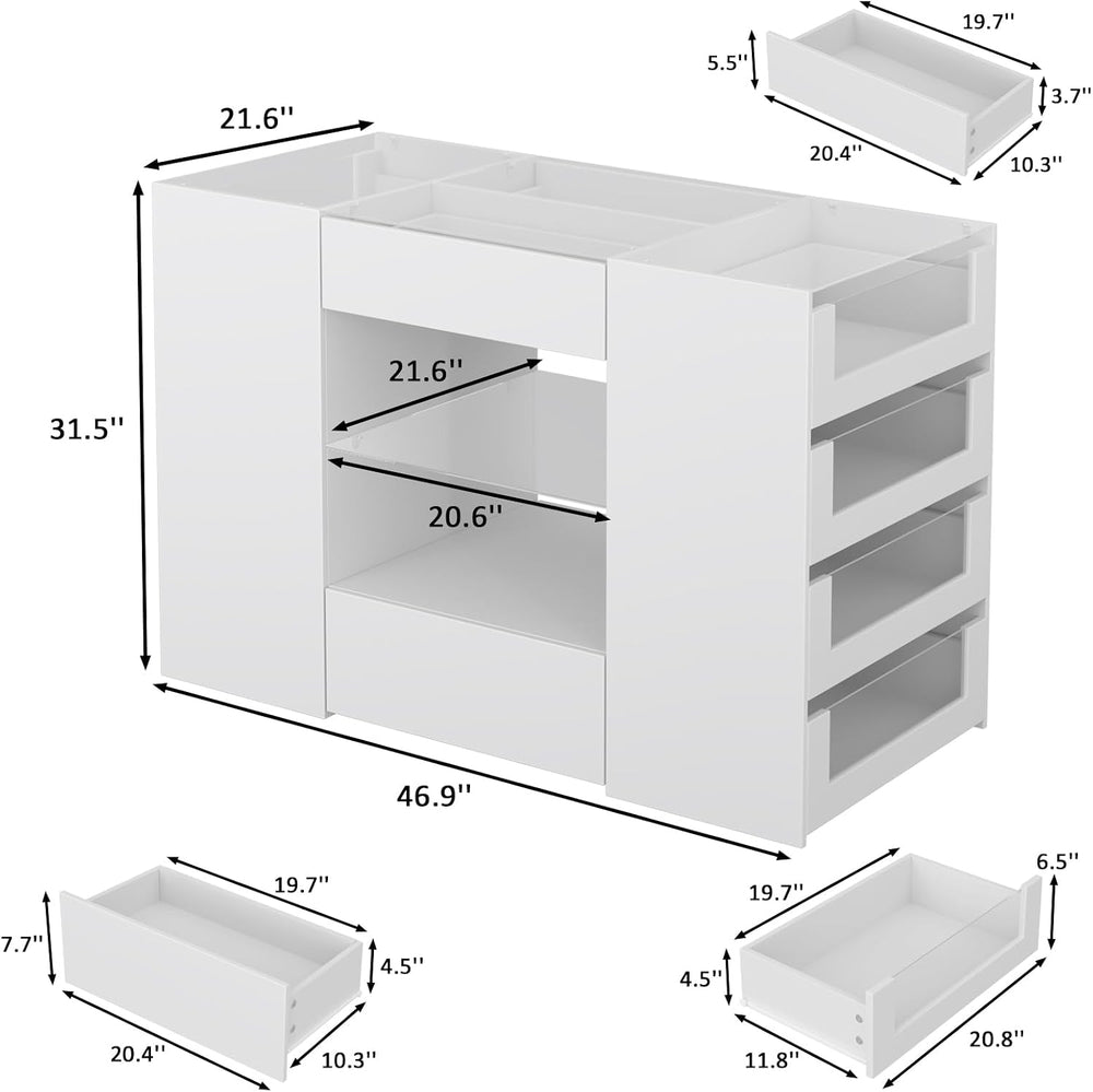 LIVAUVEAD Closet Island with 12 Drawers, Glass Top & Display Shelves, White