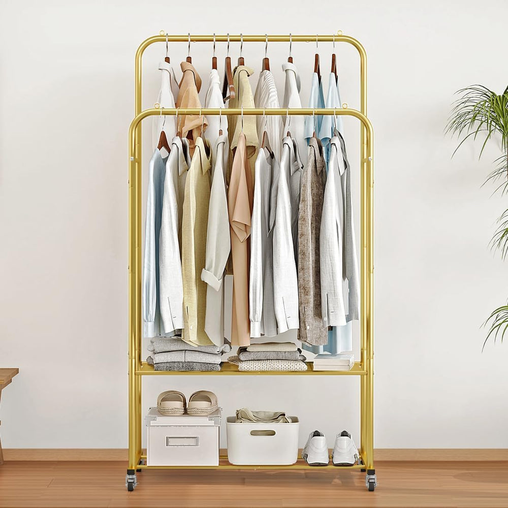 SUOERNUO Clothes Rack with Lockable Wheels Double Rods Metal Garment Racks