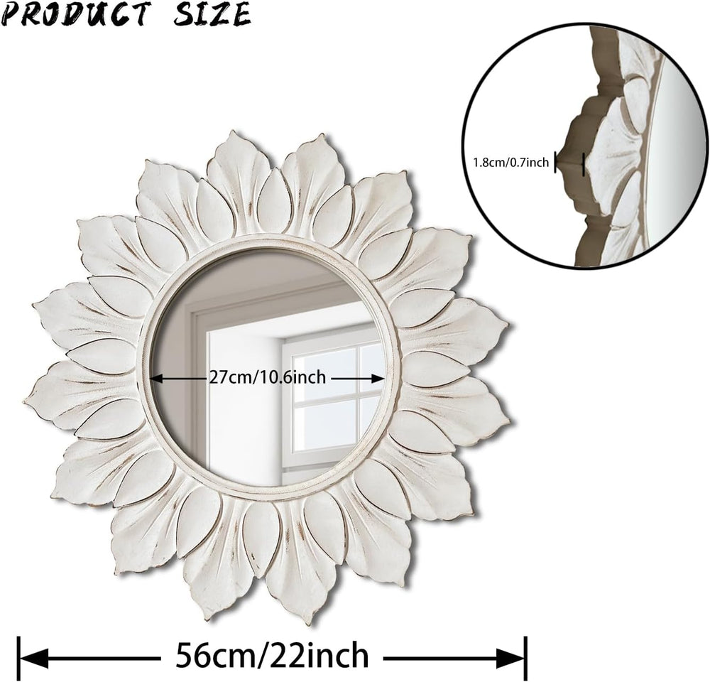 Sunflower Sunburst Wall Mirror, 22" Distressed White Wooden Frame
