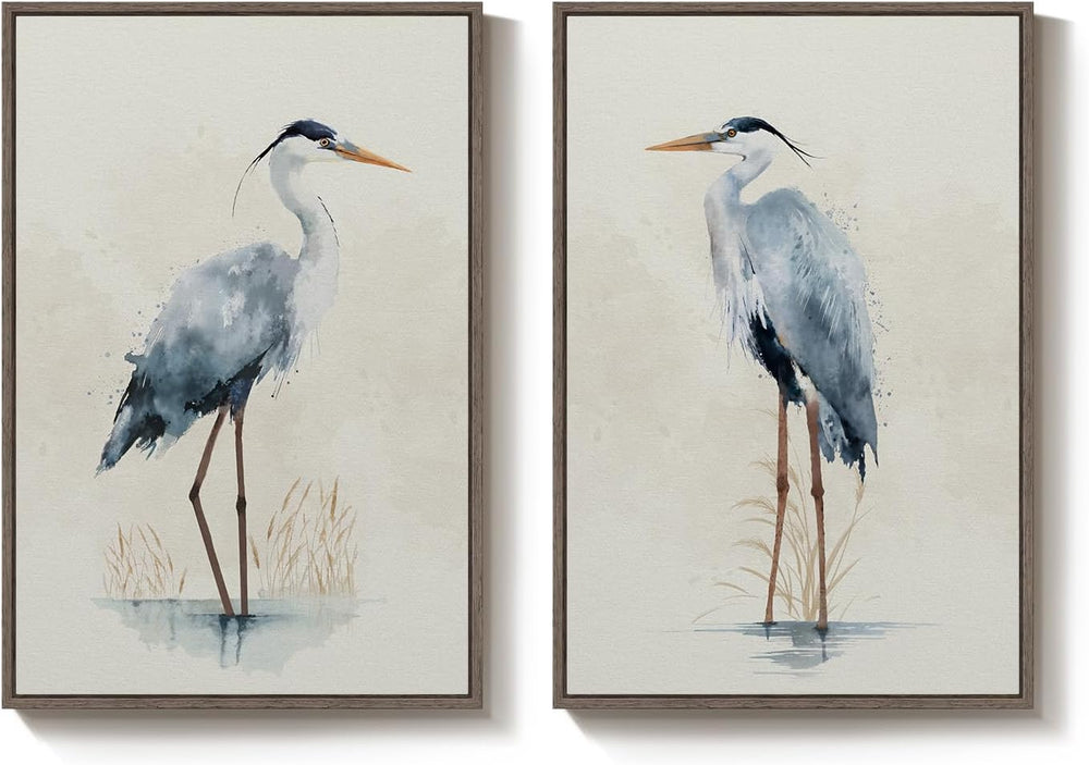Large Framed Vintage Neutral Blue Heron Bird Wall Art, 2 Piece 24x36 In