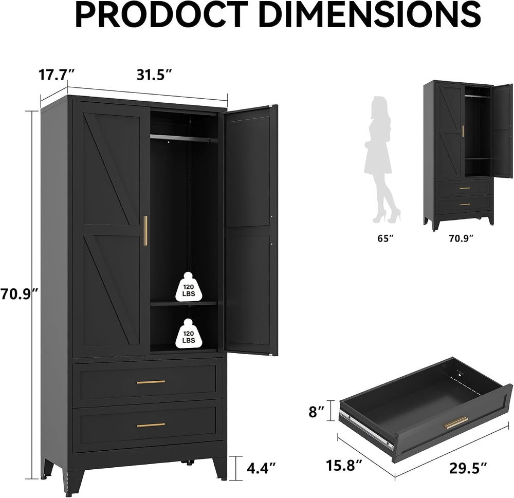 COFaR Black Metal Wardrobe Closet with 2 Drawers, 71" Steel Armoire Cabi...