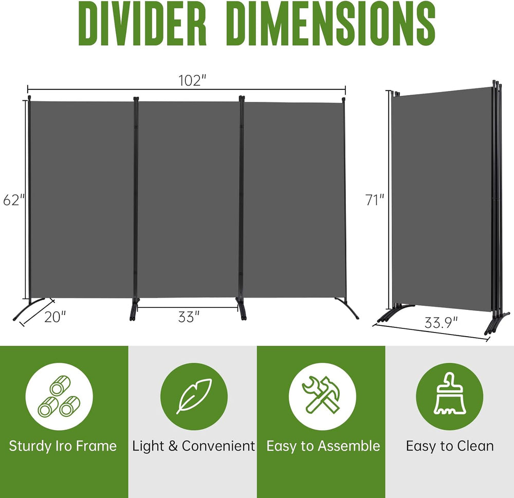 3 Panel Folding Room Divider, 102" Wx71.3 H Portable Wall Divider, Grey