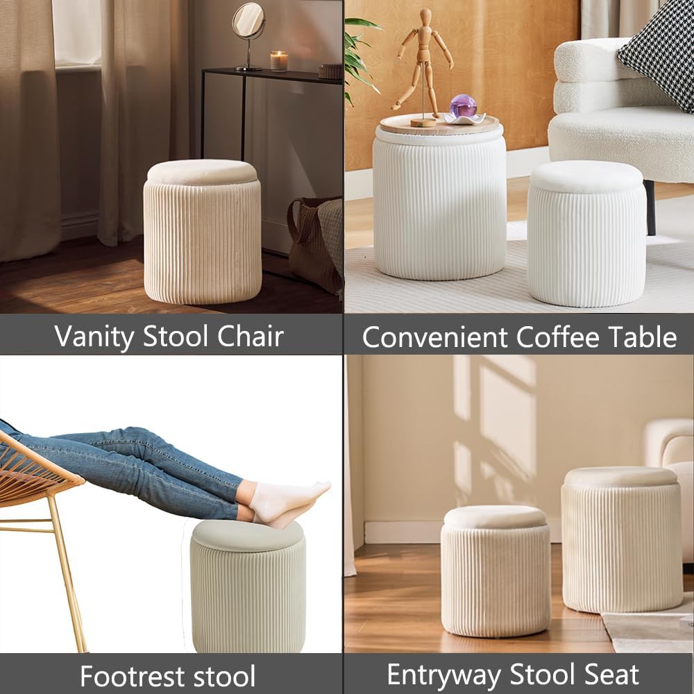 BLEXA Round Ottoman with Storage Set of 2-White Velvet Vanity Stool