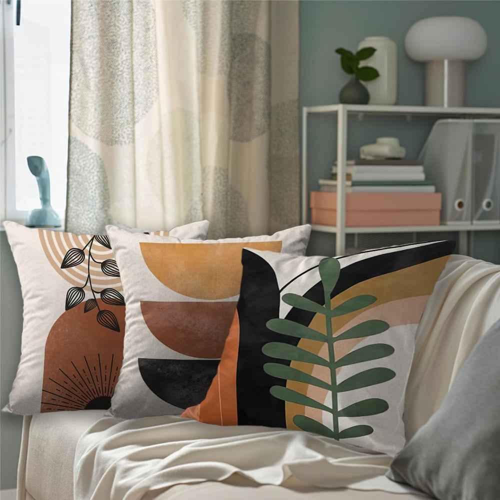 Boho Mid Century Modern Throw Pillow Covers Set of 6, Sun Moon Leaves Arch Ab...