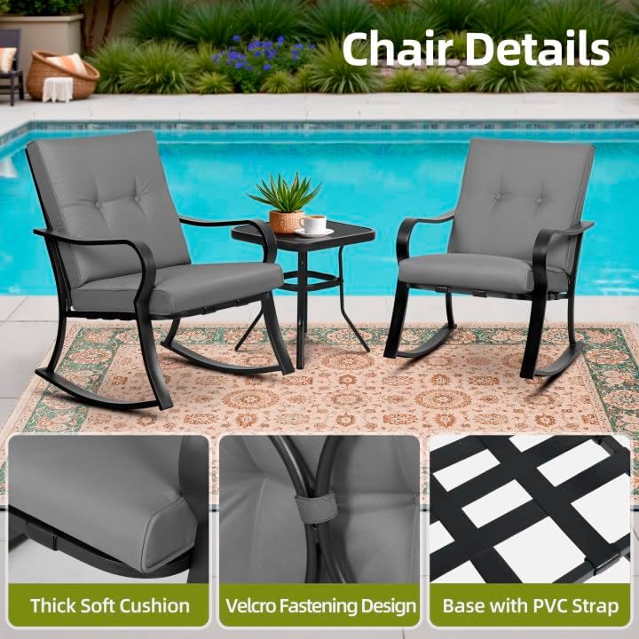 SUNCROWN Outdoor 3-Piece Rocking Chairs Patio Bistro Set Black Steel Furnitur...