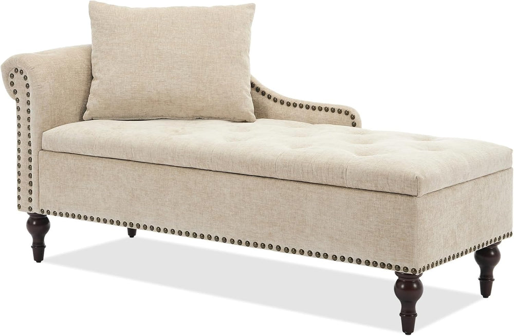 SOFTHION Velvet Chaise Lounge with Storage & Left Armrest,Brown