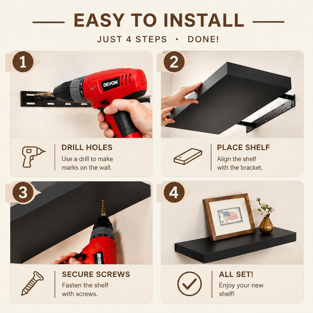 WELLAND 24" Black Floating Shelf for Wall, 12" Deep Bookshelf &...