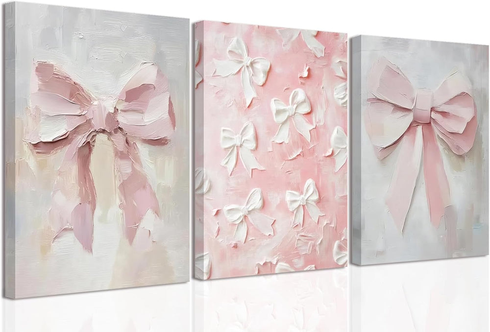 Pink Bow Canvas Wall Art Set of 3 Coquette Oil Painting Cute Bow Posters Wall...