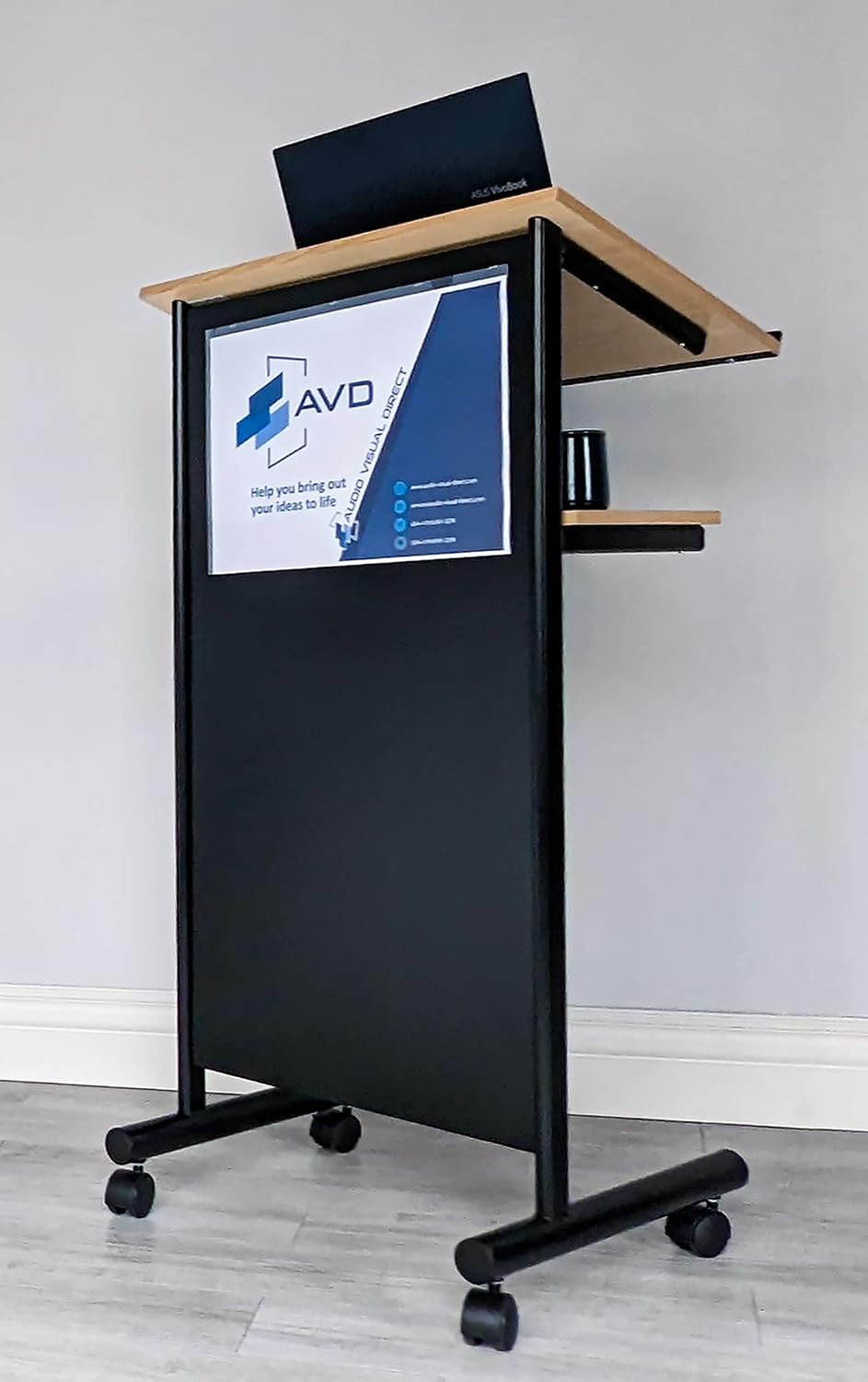 Audio-Visual Direct Wheeled Lectern - Standing Desk with Storage Shelf - Beec...