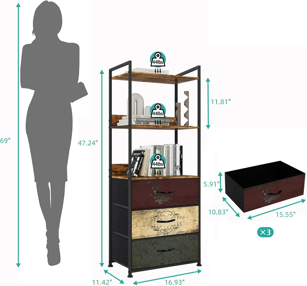 VASICAR Vertical Bookshelf with 3 Drawers, Narrow Bookcase with Shelves