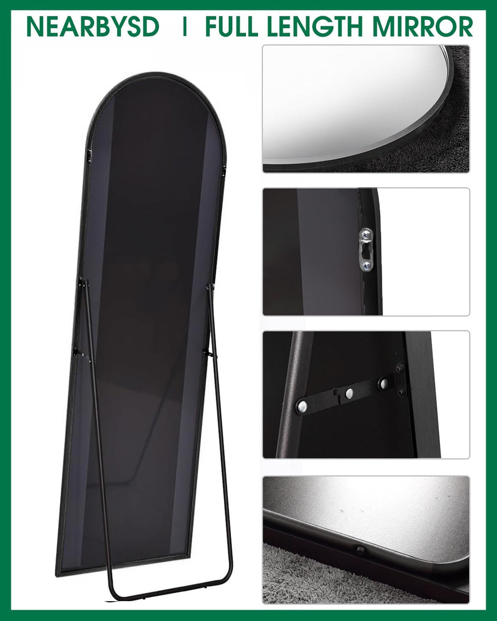 NEARBYSD 58"x18" Arched Full Length Floor Mirror, Black