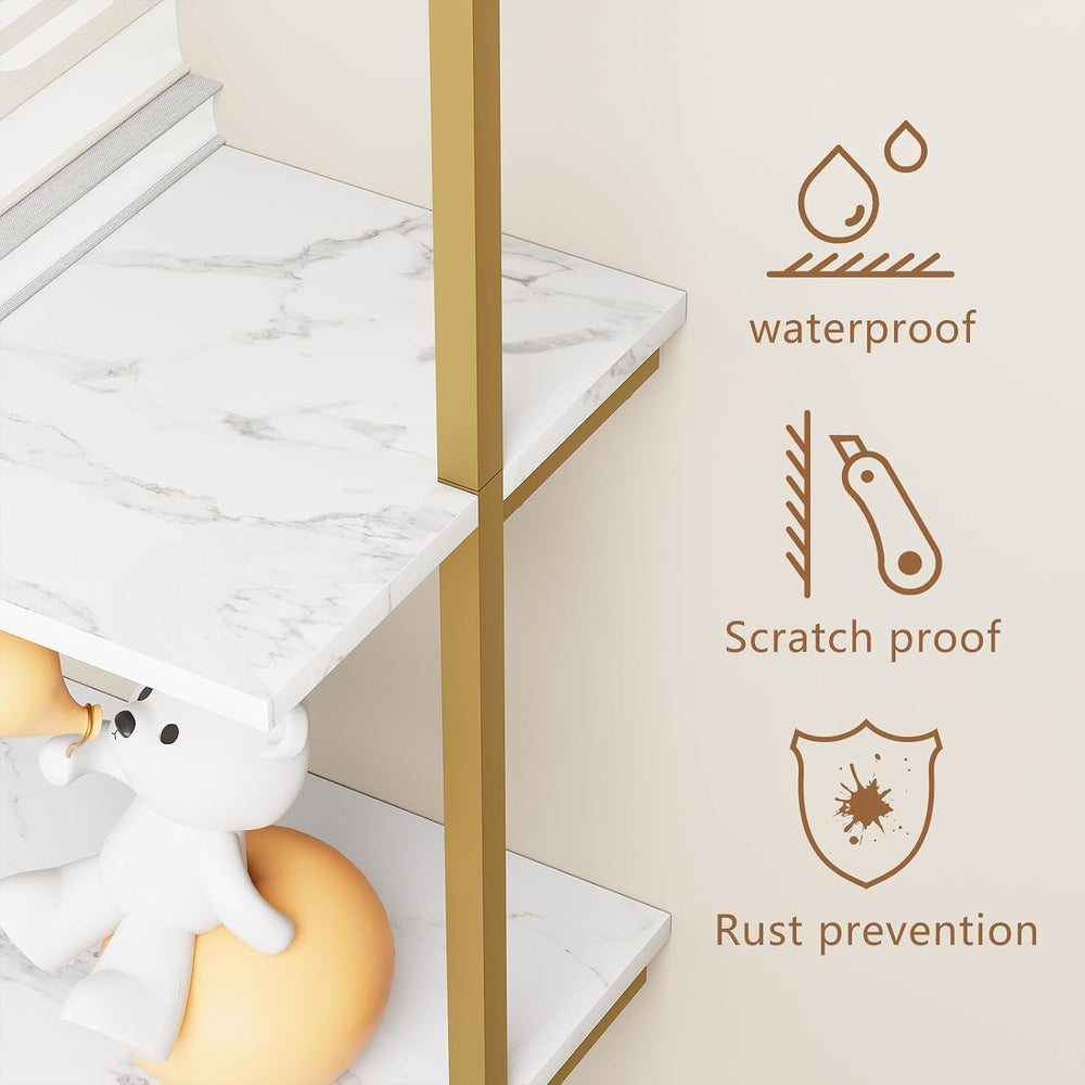 aboxoo Ladder Shelf 2PCS White Marble Bookshelf 5-Tier Wall-Mounted Wood Rack...