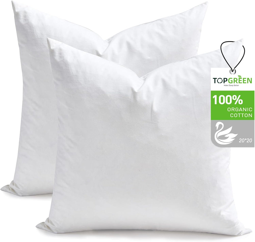 TOPGREEN Feather Down Throw Pillow Inserts 20 x 20, Set of 2, 100% Organic Co...