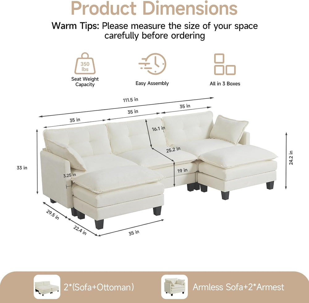Amsleekey 111.5" U-Shaped Chenille Sectional Sofa, Beige