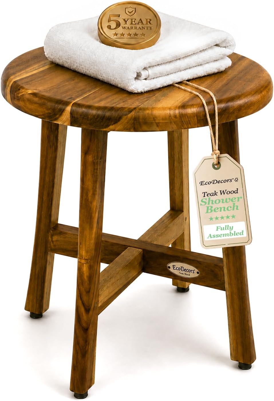 EcoDecors Shoji 18’’ Round Teak Shower Stool, Bath Seat 12’’
