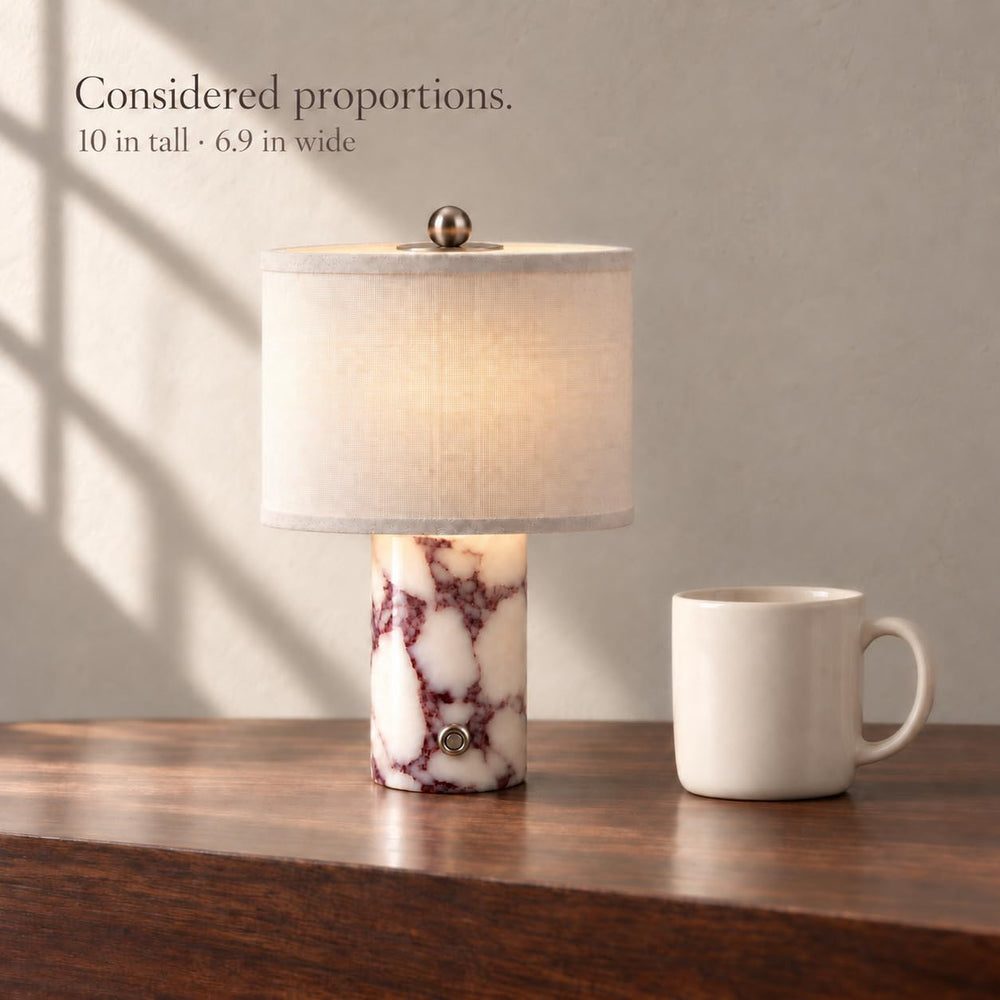 Cordless Marble Table Lamp, Calacatta Viola, White Linen Shade