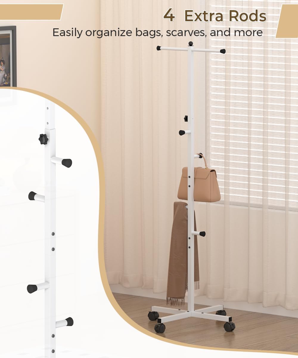 Koutemie 62" T-Shaped Coat Rack Hanger Stand Freestanding with Wheel, White