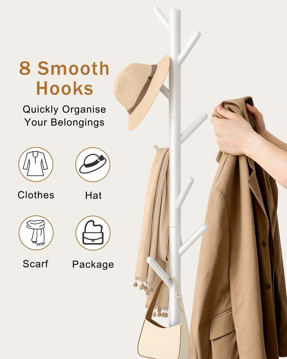 Yawinhe Coat Rack, Sturdy Woode Stand Tree with 8 Hooks,White