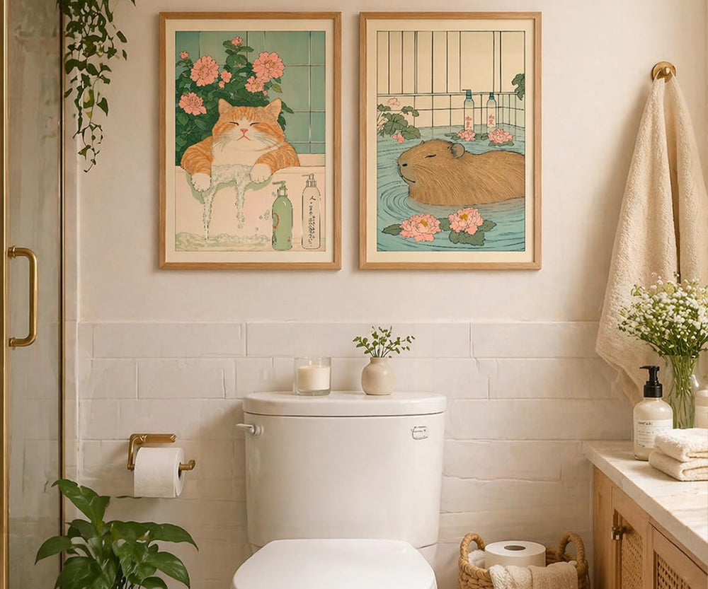 Framed Japanese Bathroom Wall Art Set of 2 Funny Cat & Capybara Bath Print