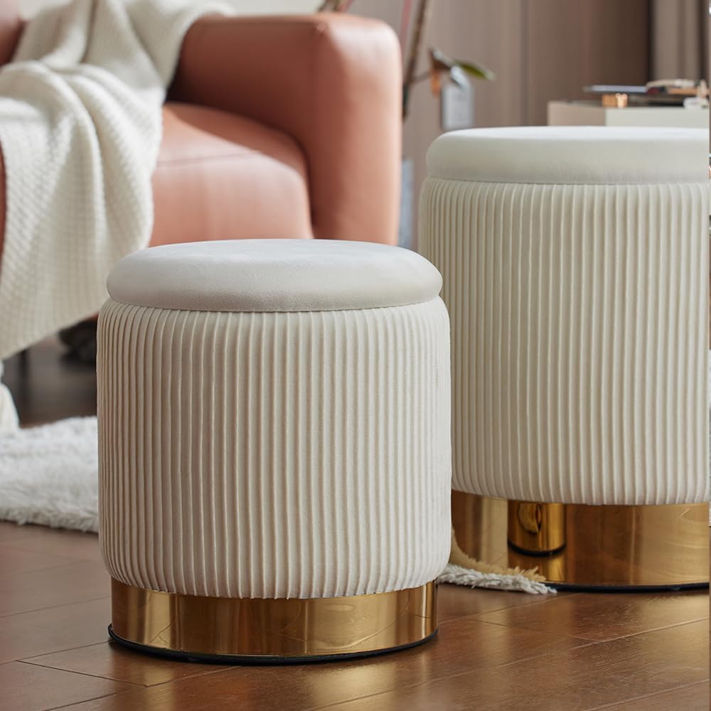 YYW HOME Round Ottoman with Storage Set of 2 White Vanity Stool Foot Rest