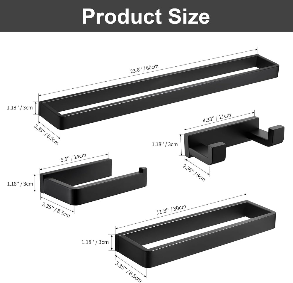 YACVCL 4-Piece Matte Black Bathroom Hardware Accessories Set, Bath Towel Bar ...