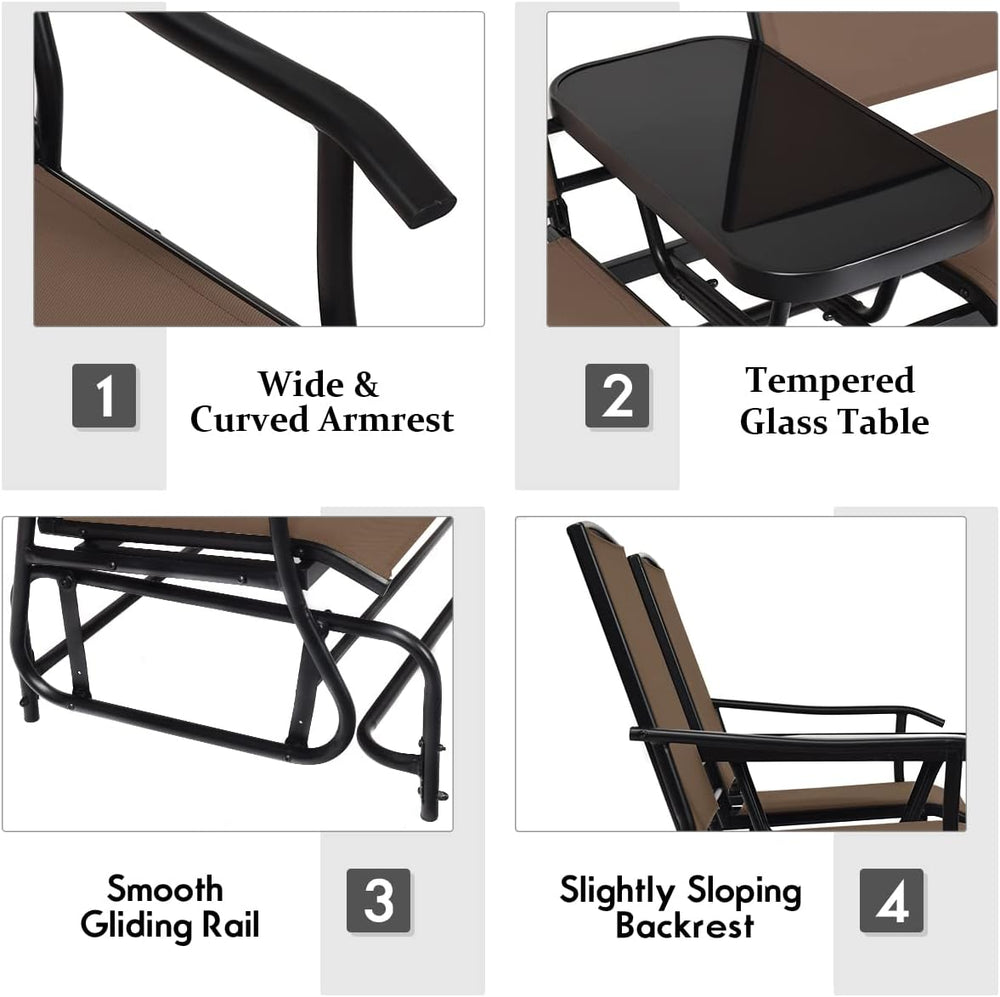 GIANTEX Patio Bench Glider Chair with Metal Frame, Center Tempered Glass Tabl...
