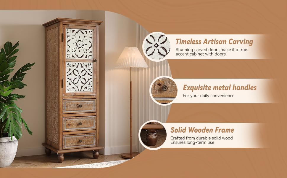 LKTART Solid Wood Tall Accent StorageCabinet,Narrow Carved Sideboard Buffet