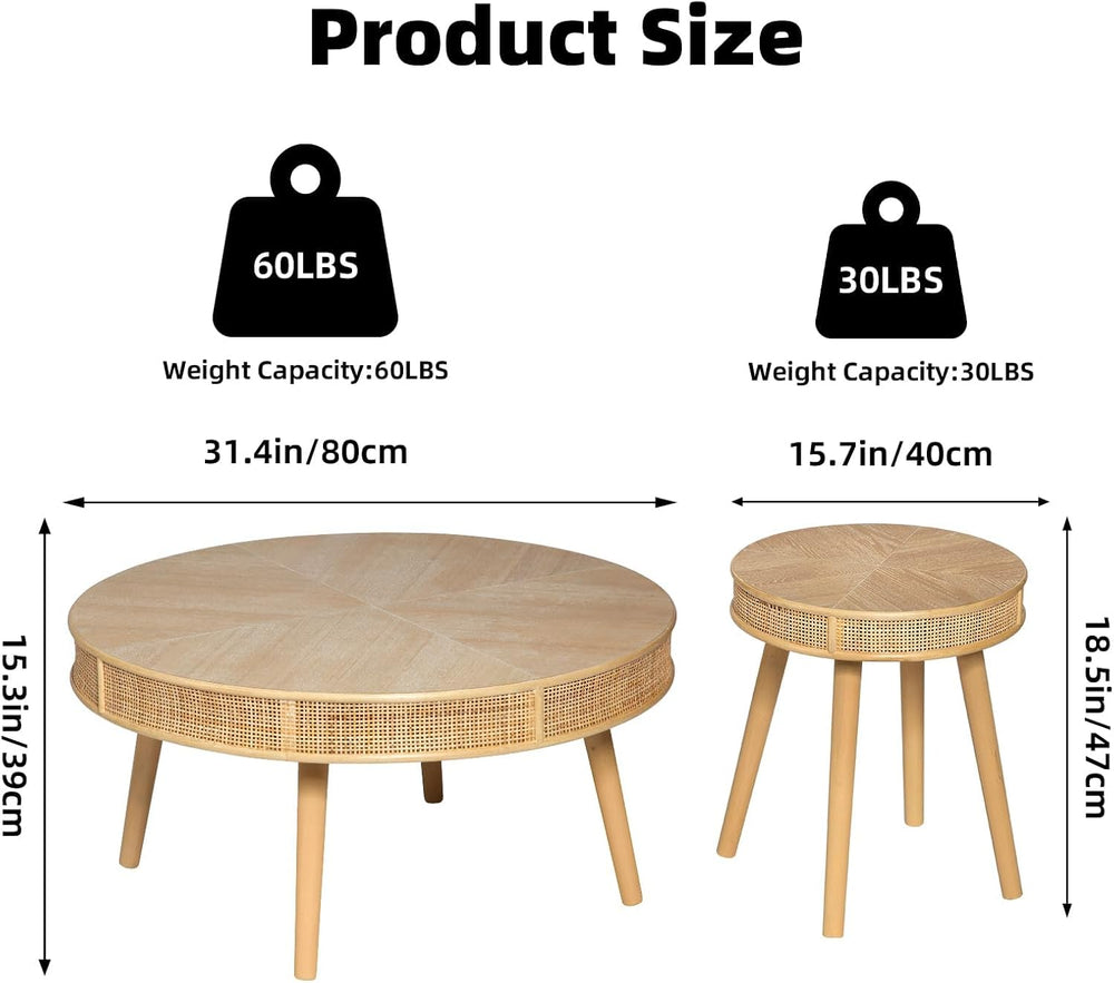 RUSTOWN 2-Piece Farmhouse Coffee Table, Modern Round Rattan Side Tables