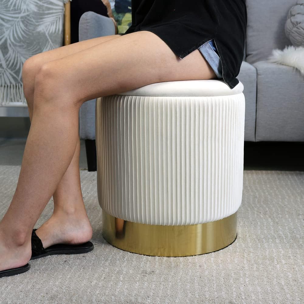 YYW HOME Round Ottoman with Storage Set of 2 White Vanity Stool Foot Rest