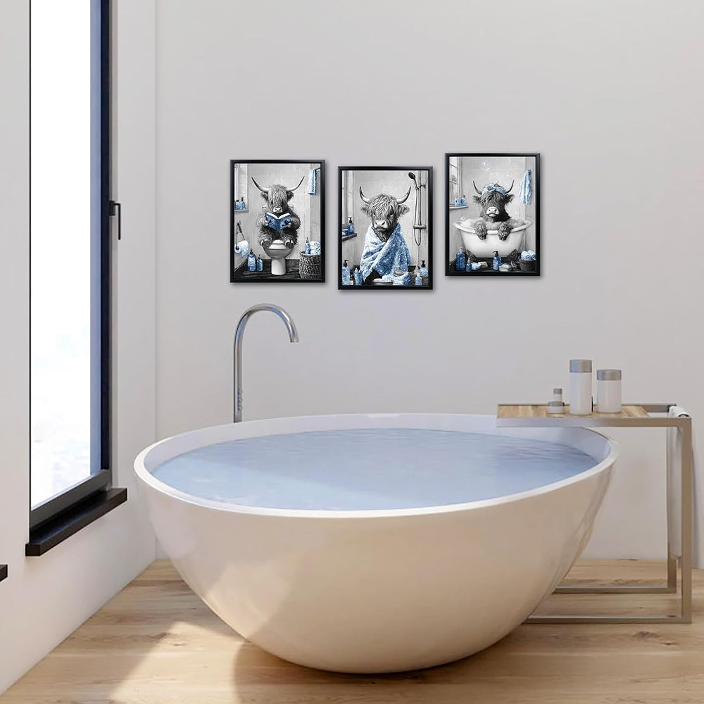 sechars Highland Cow Bathroom Wall Art, Grey and Blue