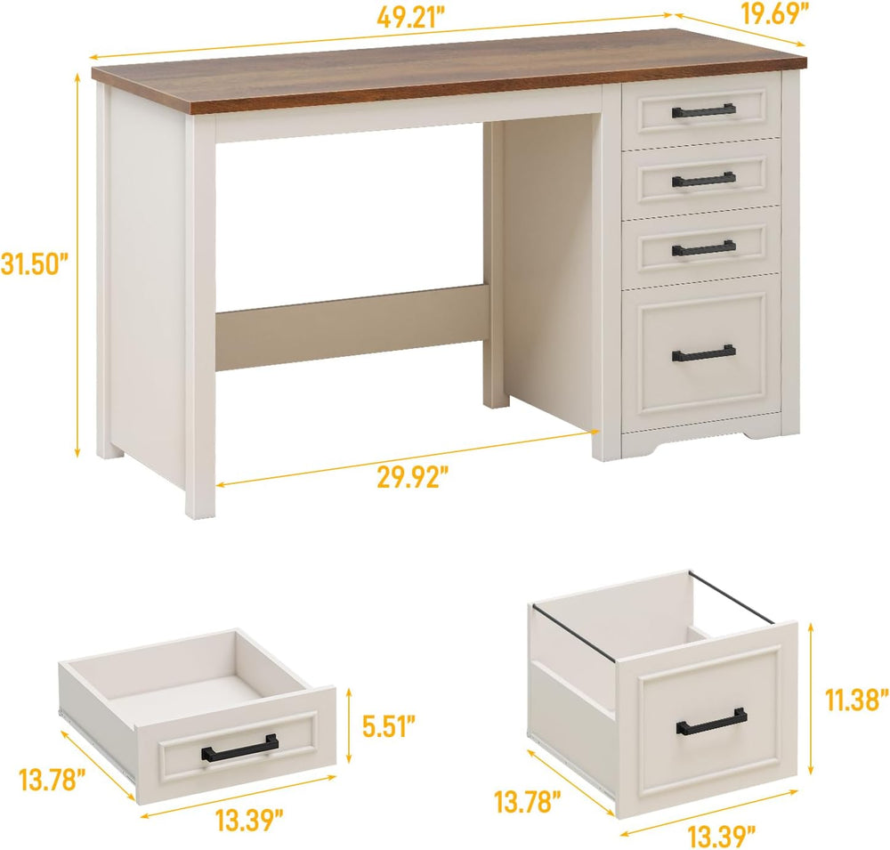 Vabches Farmhouse 49” Executive Desk with File Drawer, White Brown