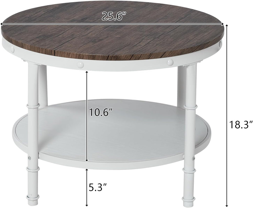 VINGLI 25.6" Round Farmhouse Coffee Table with Storage, Dark Walnut White