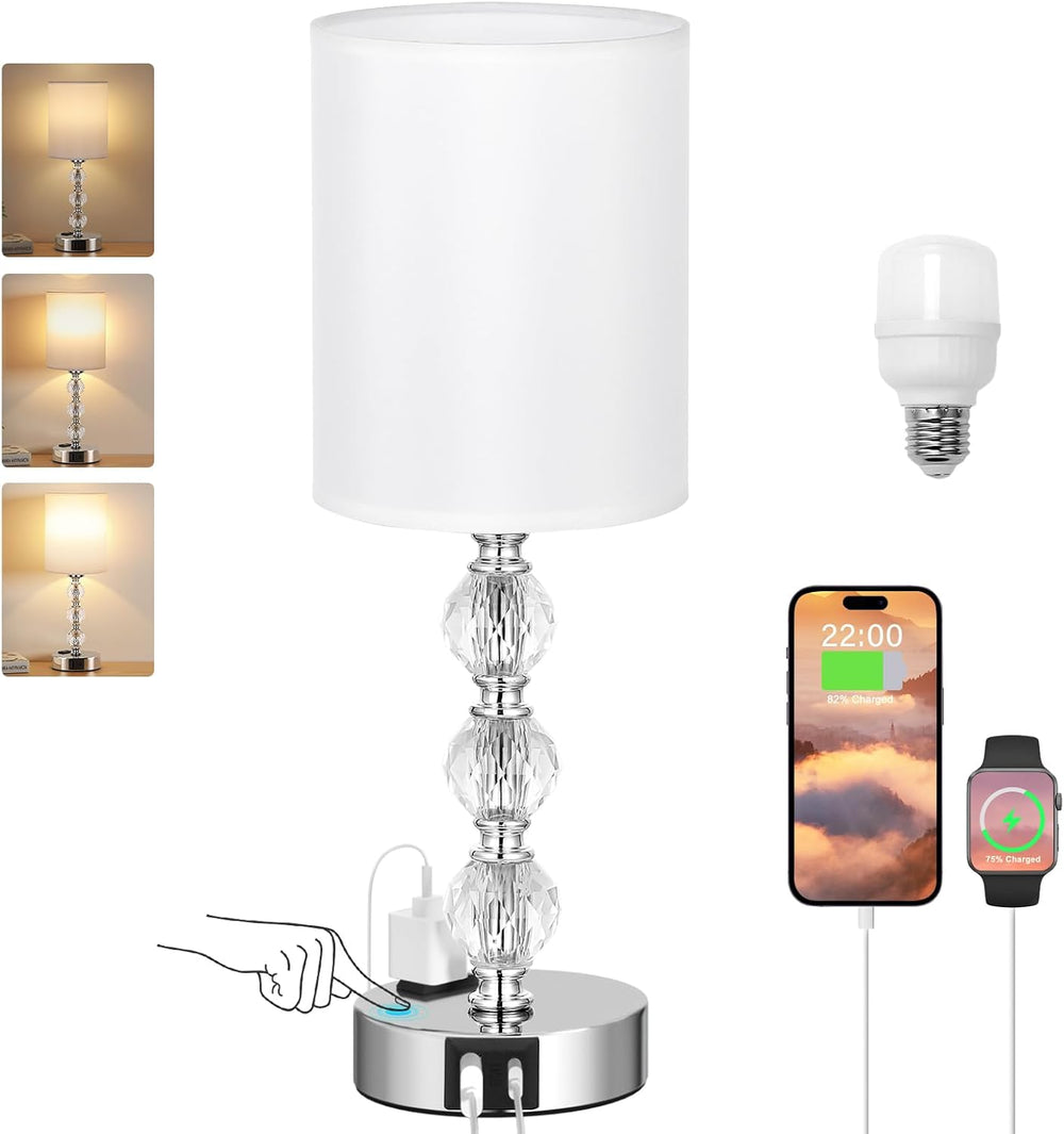 Crystal Touch Lamps for Nightstand, 3 Way Dimmable with Charging Station