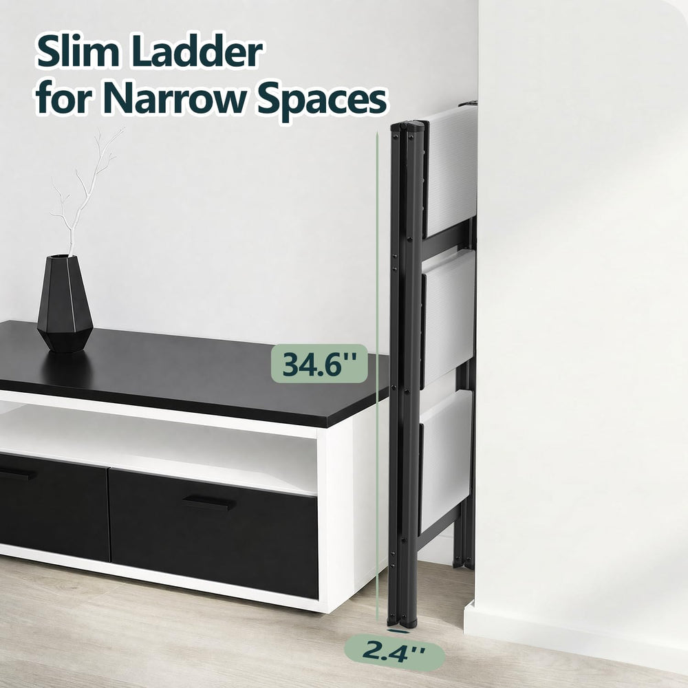 WOA WOA 3 Step Ladder, Foldable Step Stool, 300lbs Load, Black & White