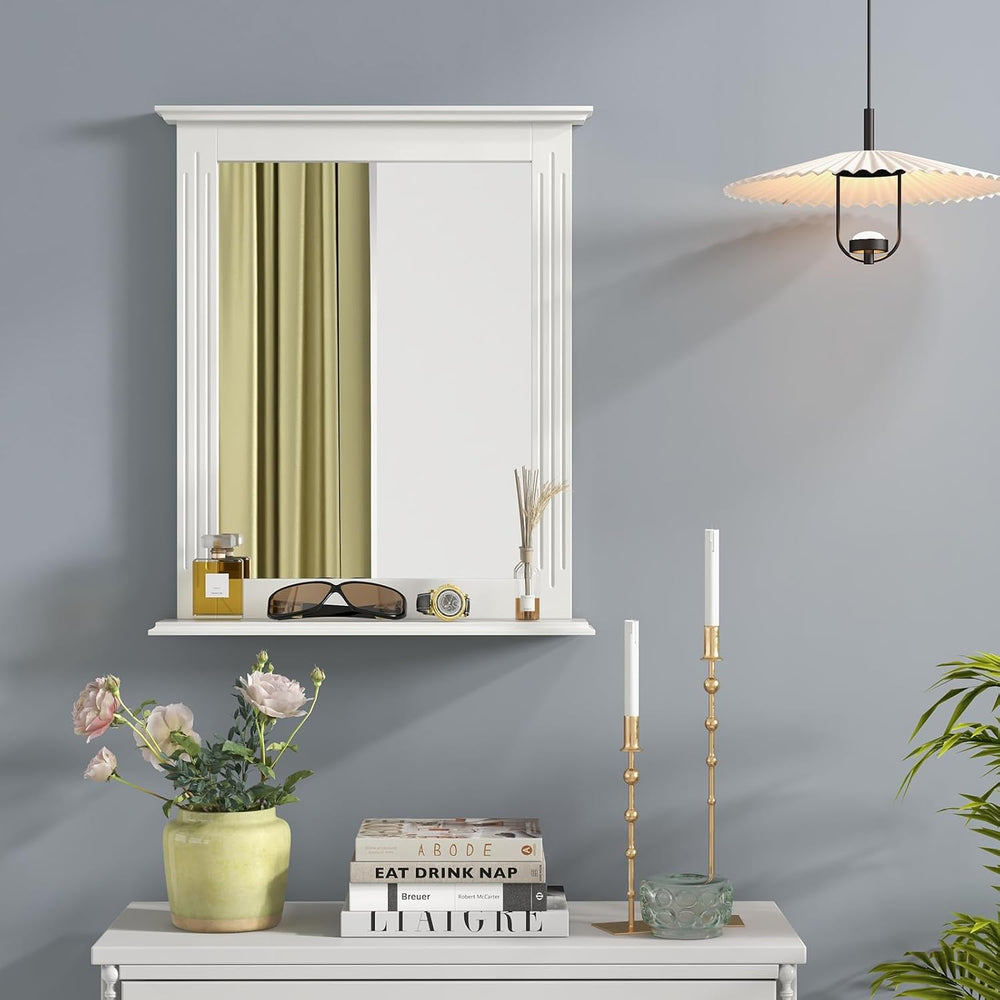 Tangkula Wall Mounted Bathroom Mirror with Built-in Storage Shelf